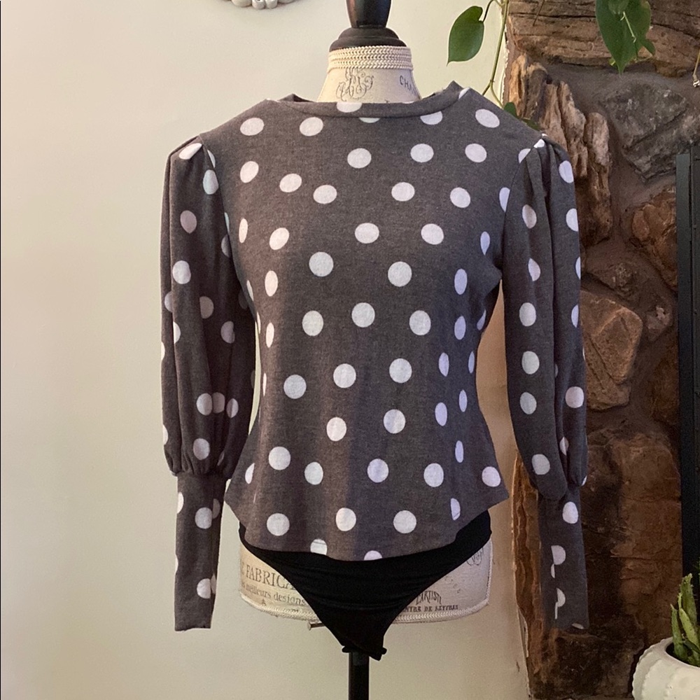 Maurices Charcoal and White Polka Dot Blouse